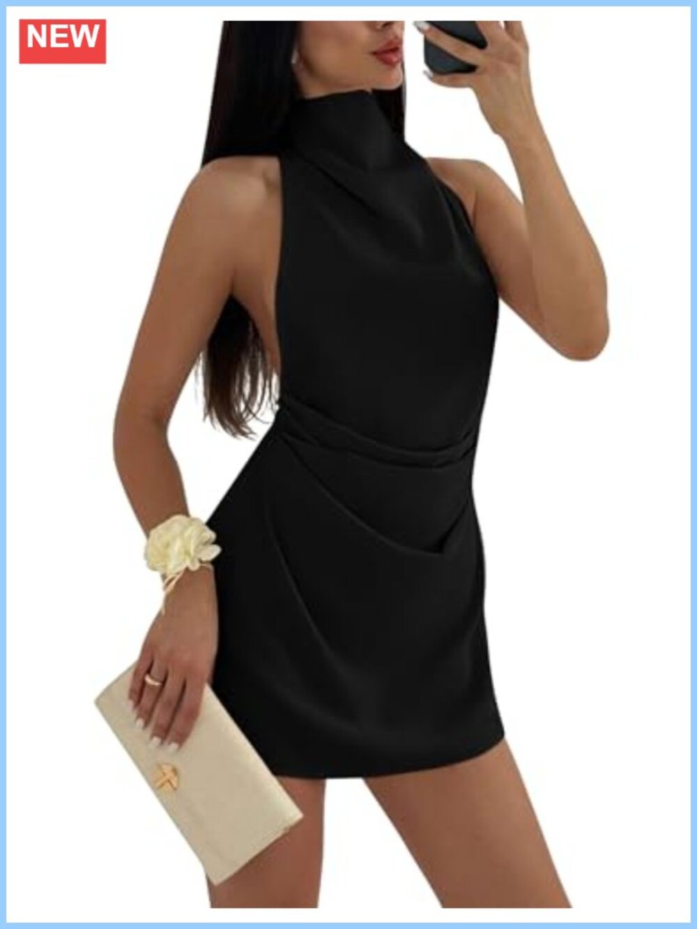 Sleeveless Backless Halter Turtleneck Ruched Mini Club Party Dress